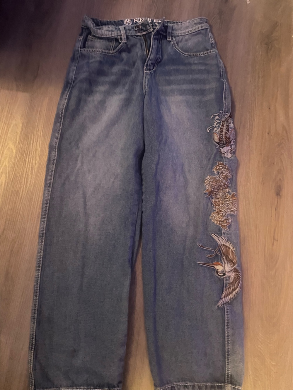 Embroidered Blue Womens Straight-Leg Jeans